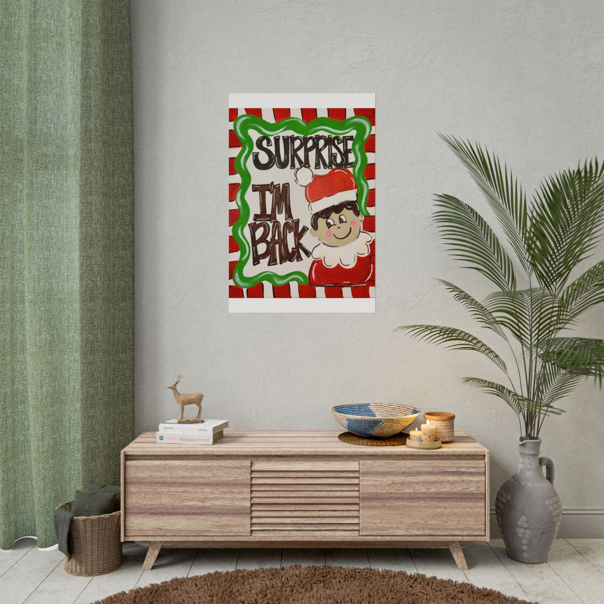 Surprise I’m Back Christmas Poster — Cute Elf Holiday Rolled Wall Art