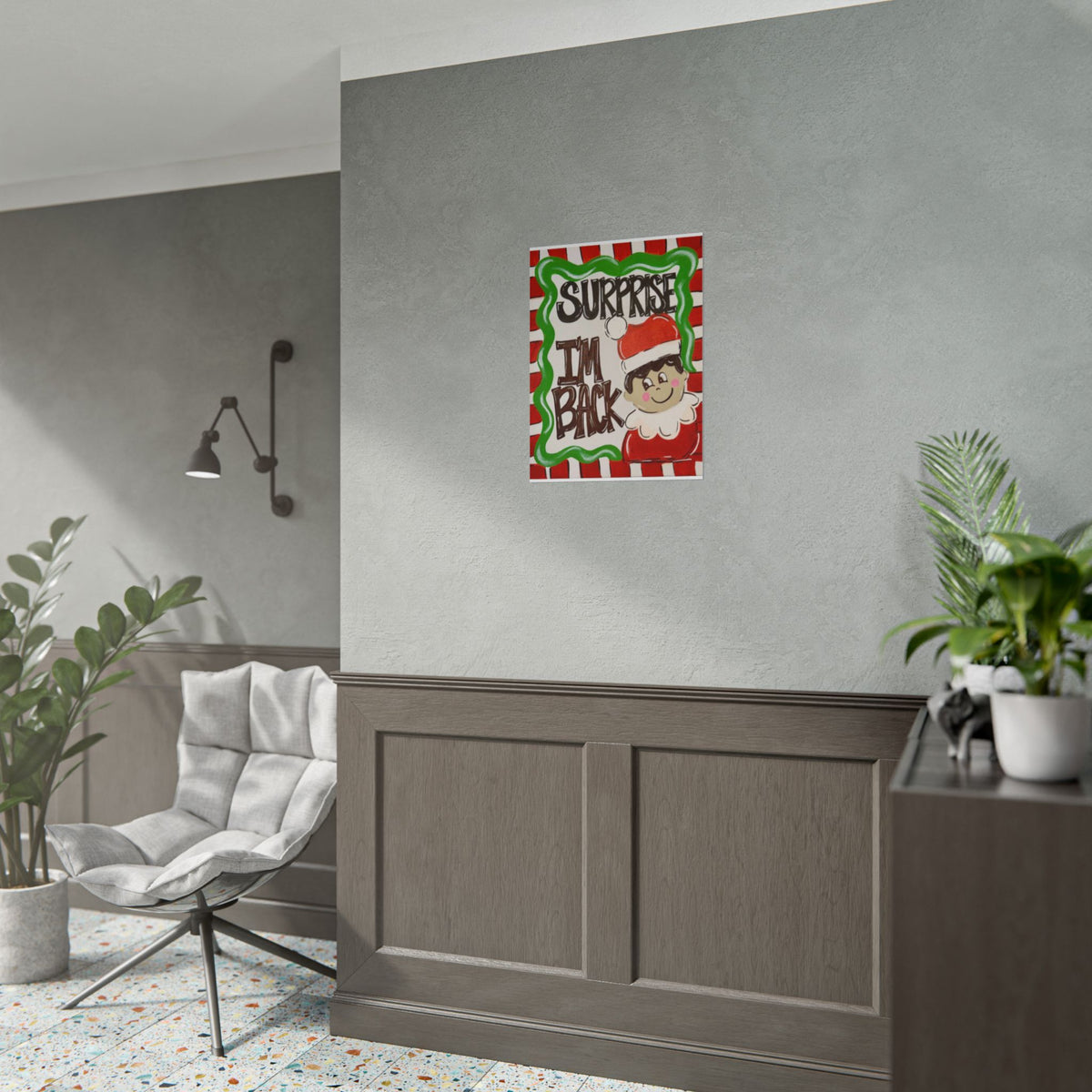 Surprise I’m Back Christmas Poster — Cute Elf Holiday Rolled Wall Art