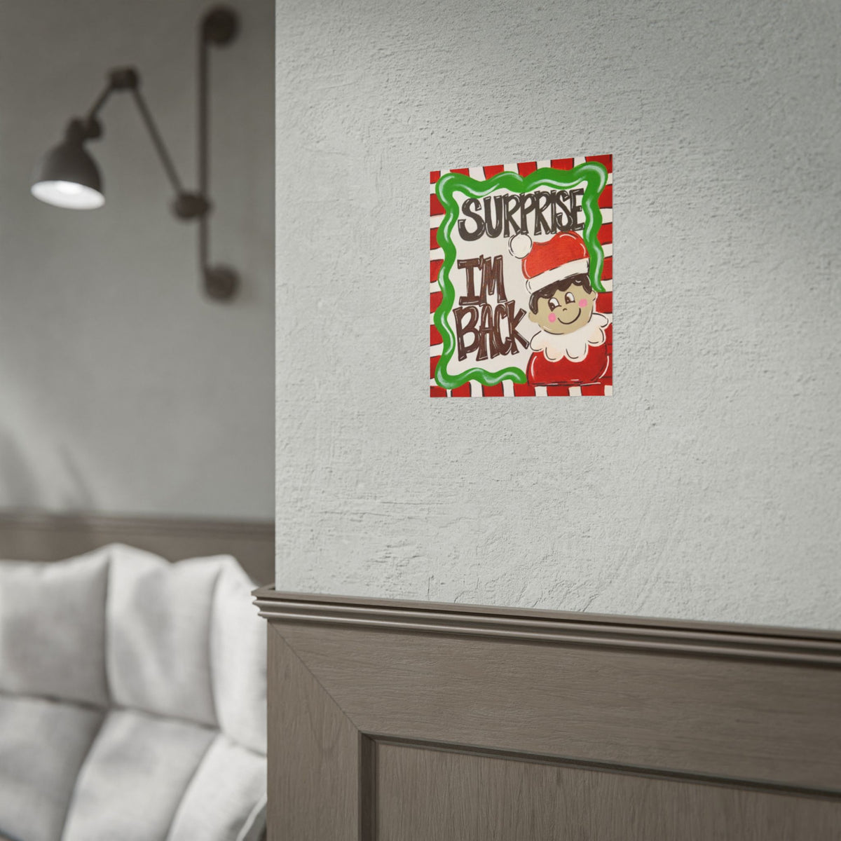 Surprise I’m Back Christmas Poster — Cute Elf Holiday Rolled Wall Art