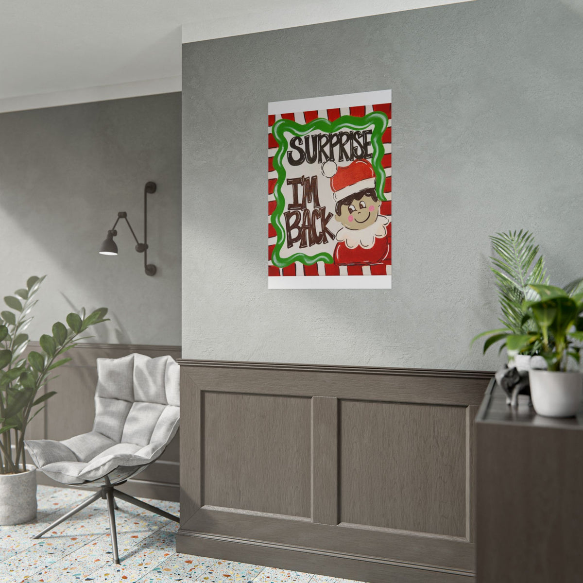 Surprise I’m Back Christmas Poster — Cute Elf Holiday Rolled Wall Art
