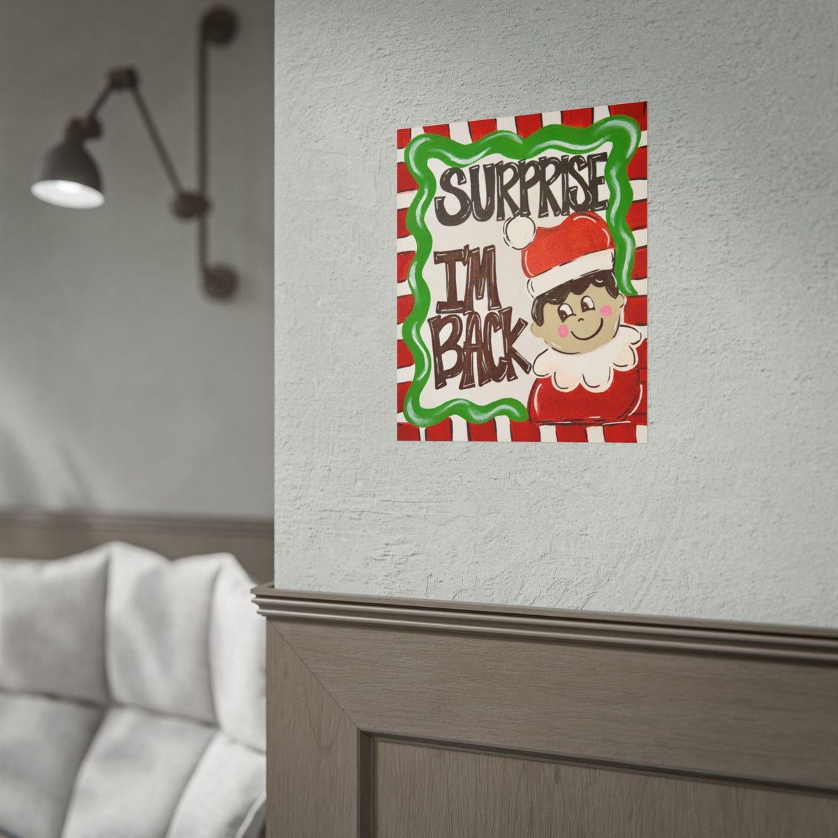 Surprise I’m Back Christmas Poster — Cute Elf Holiday Rolled Wall Art